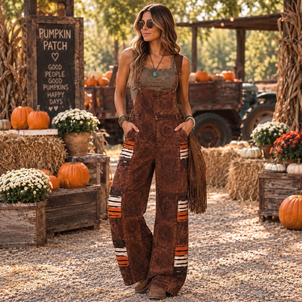 246. New Rising International Brown Boho Patchwork Wide Leg Overall Jumpsuit L